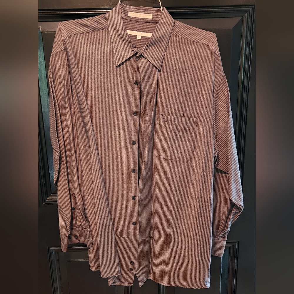 Perry Ellis, button shirt, dark with stripes, XL